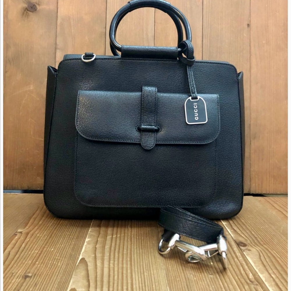 1990s Vintage GUCCI Leather Tote Bag Black Medium Black two way